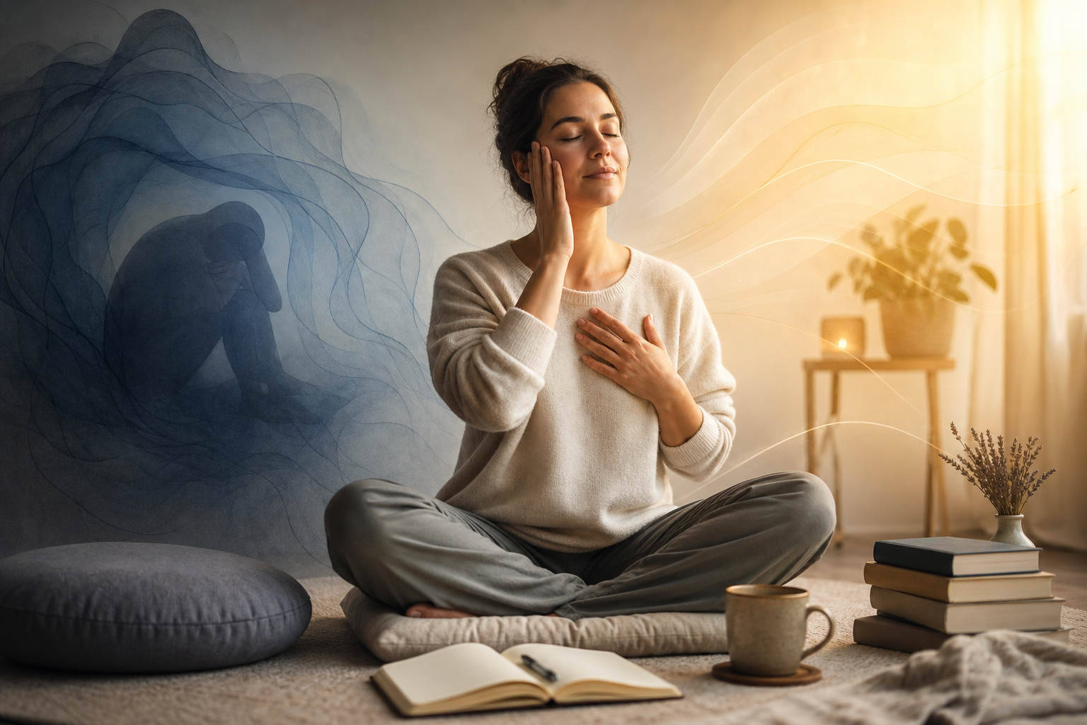 Woman meditating indoors with one hand on her chest and one on her face, in a calm, sunlit room