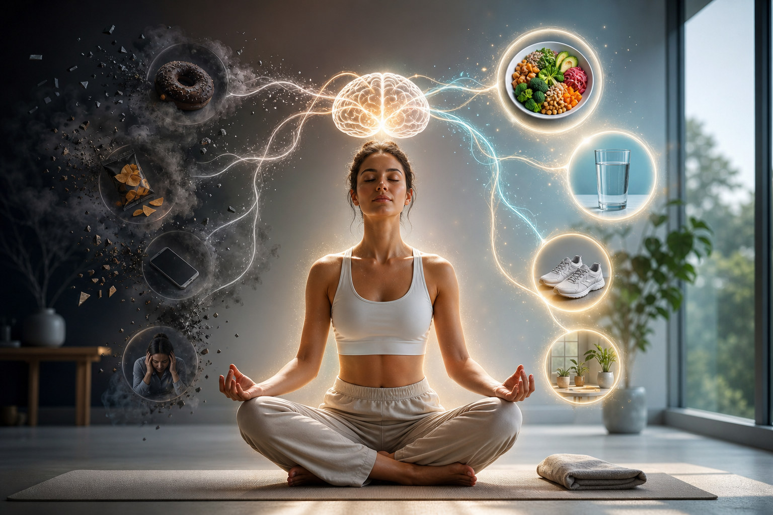 Woman meditating on a yoga mat, surrounded by icons of healthy habits and unhealthy temptations