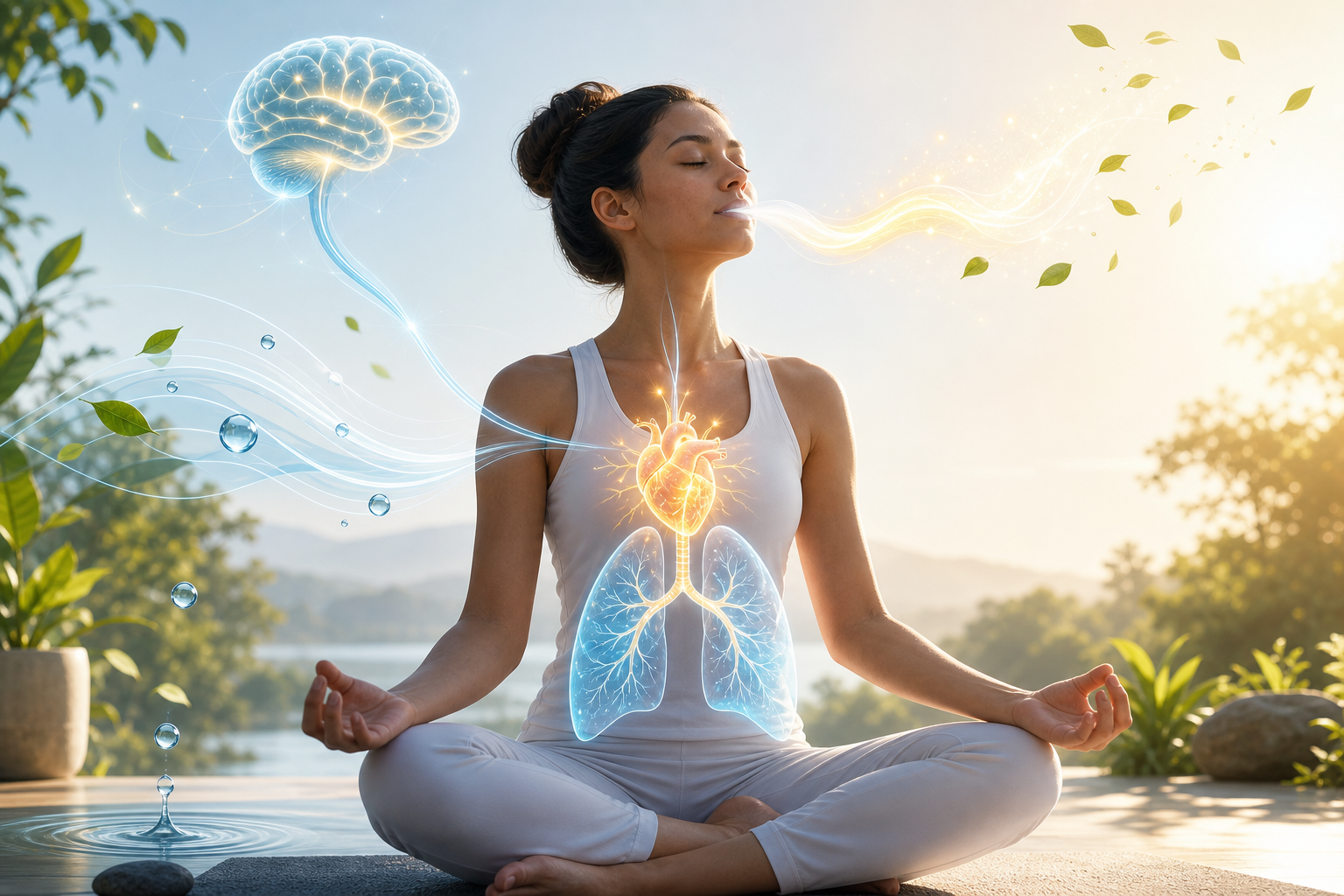 Woman meditating outdoors with glowing heart, lungs, and brain illustrations
