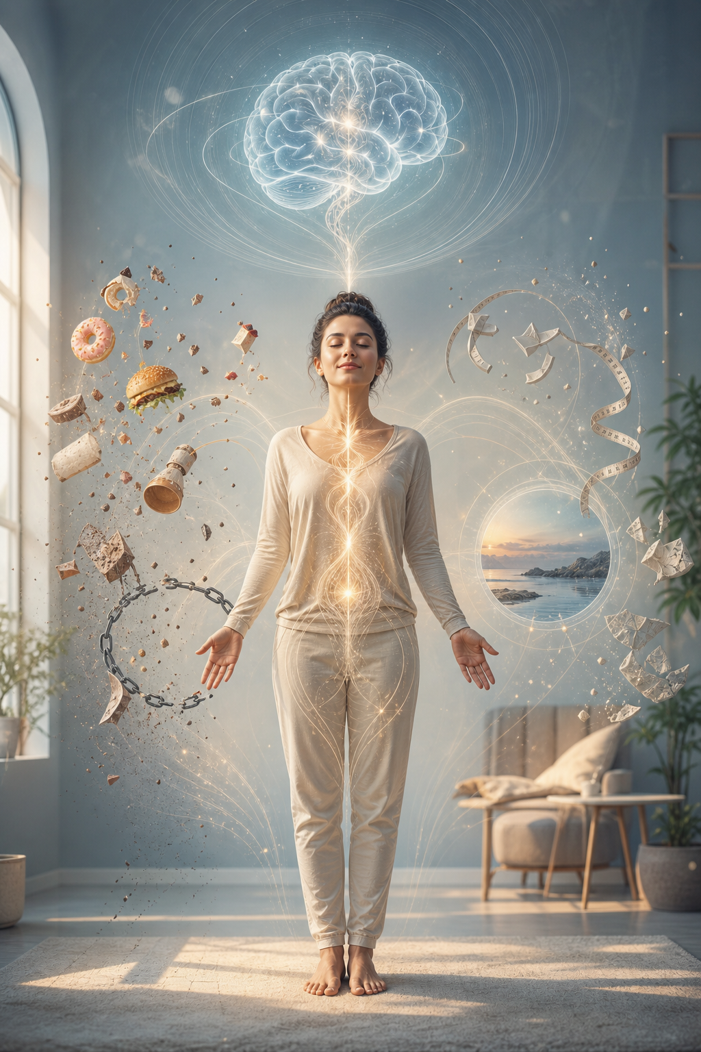 Woman meditating with a glowing brain and energy lines, surrounded by floating junk food, chains, and paper scraps