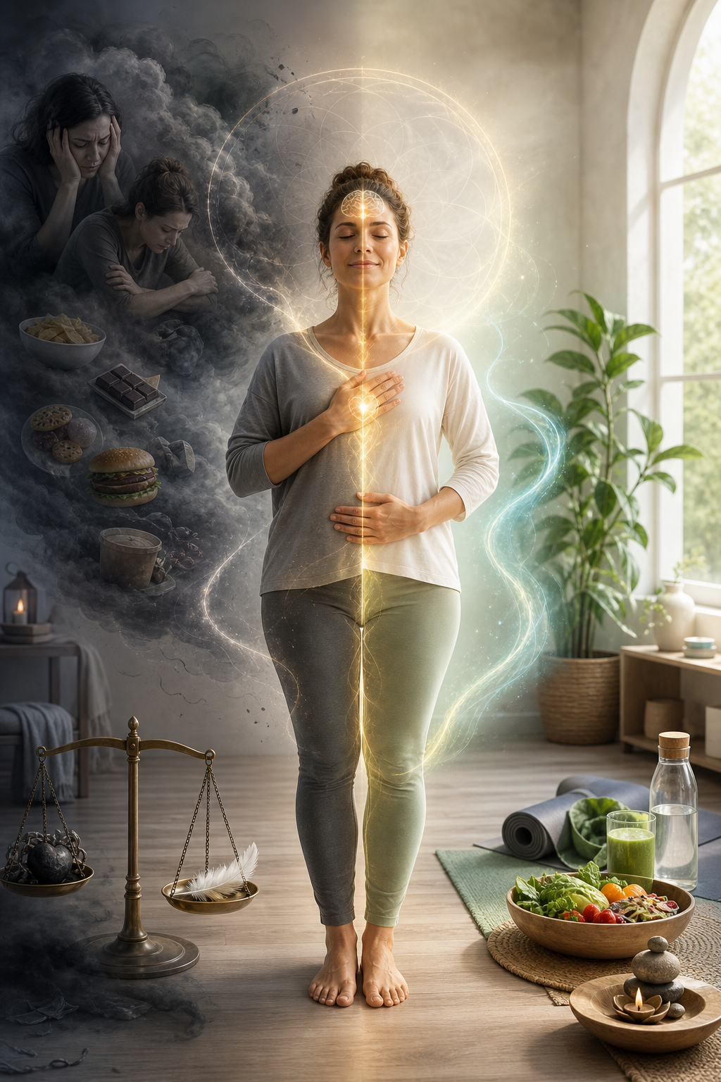 Woman meditating with a glowing energy line, shown between stress and unhealthy habits on the left and calm wellness on the right