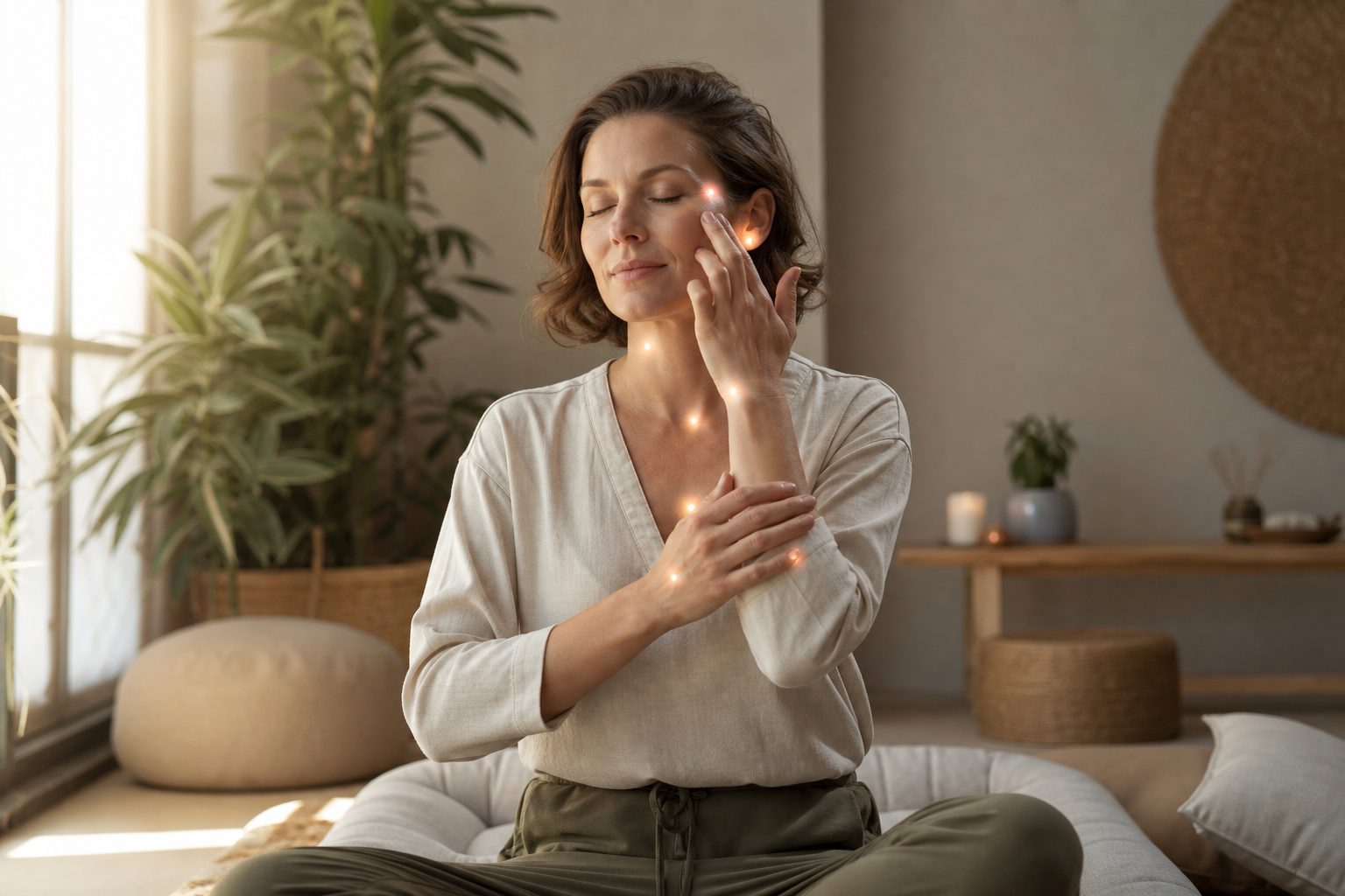 Woman meditating with eyes closed and touching her face in a calm room