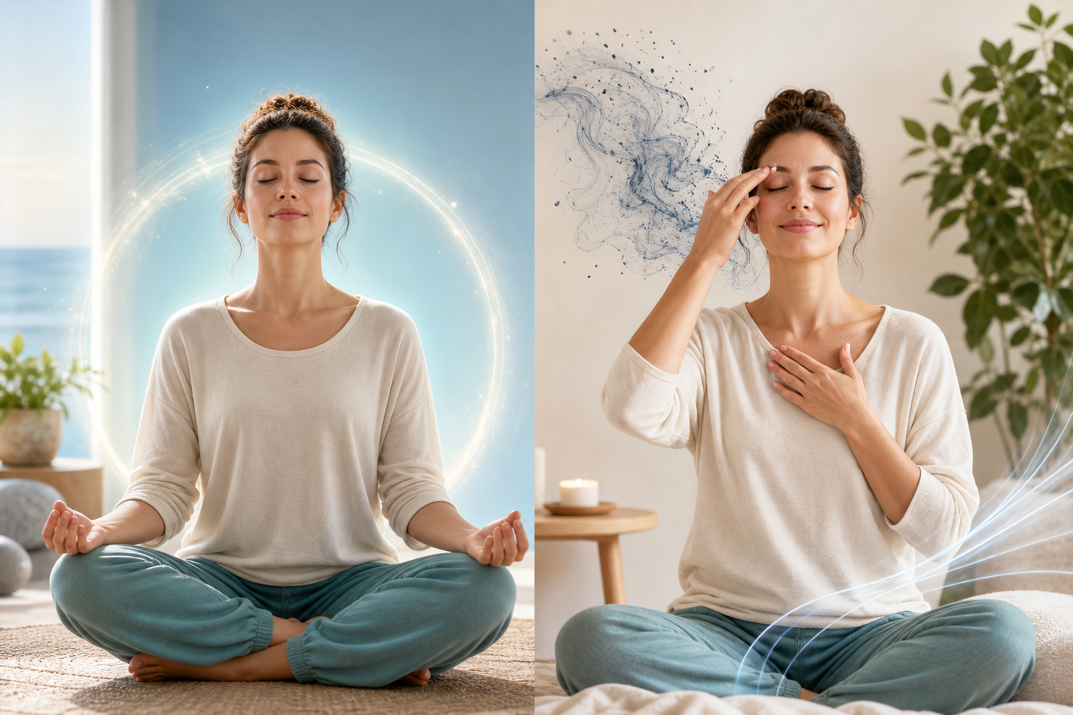Woman meditating with eyes closed, shown in a split before-and-after style with calming light effects