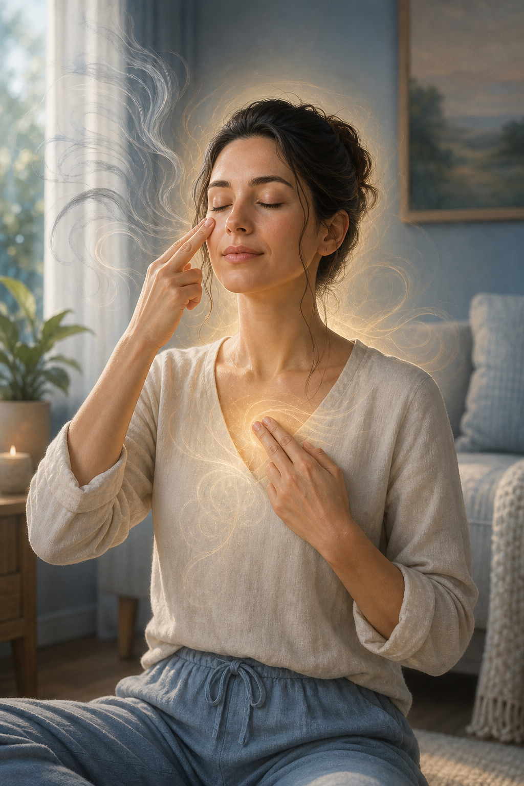 Woman meditating with eyes closed, touching her face and chest in a calm room