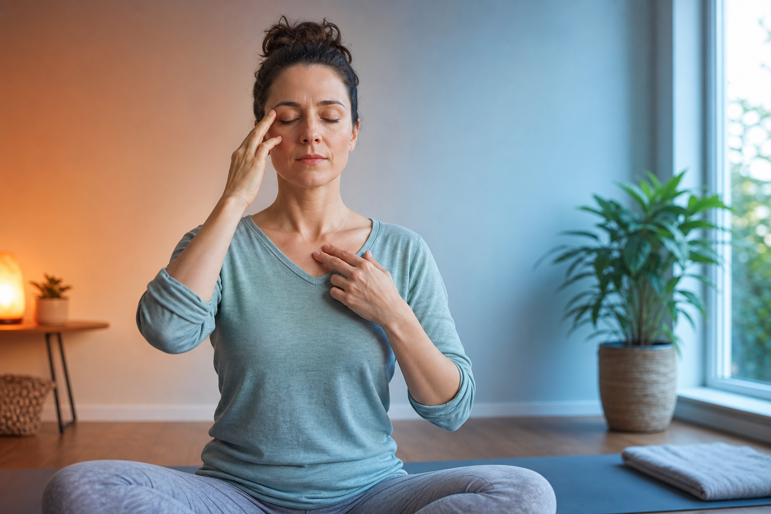 Woman meditating with eyes closed, touching her forehead and chest on a yoga mat