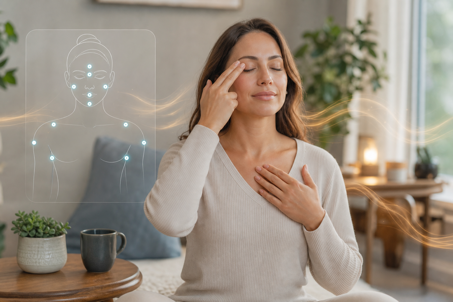 Woman meditating with eyes closed, touching her forehead and chest, with a facial acupressure diagram overlay