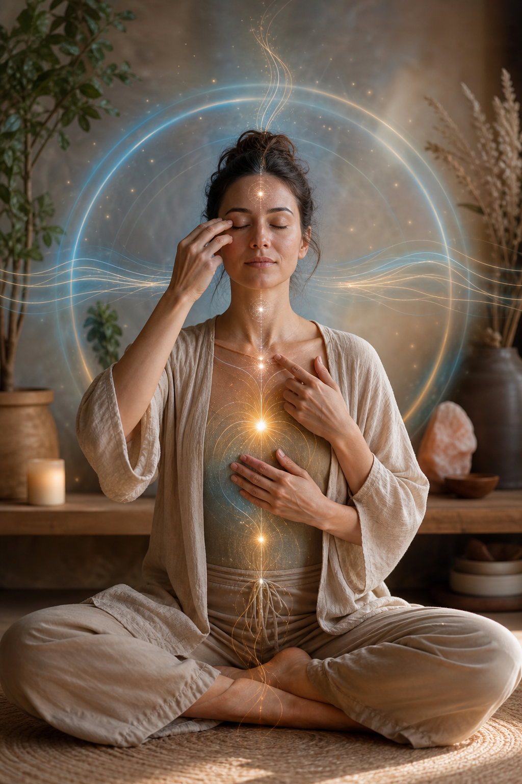 Woman meditating with glowing chakra energy lines in a serene room