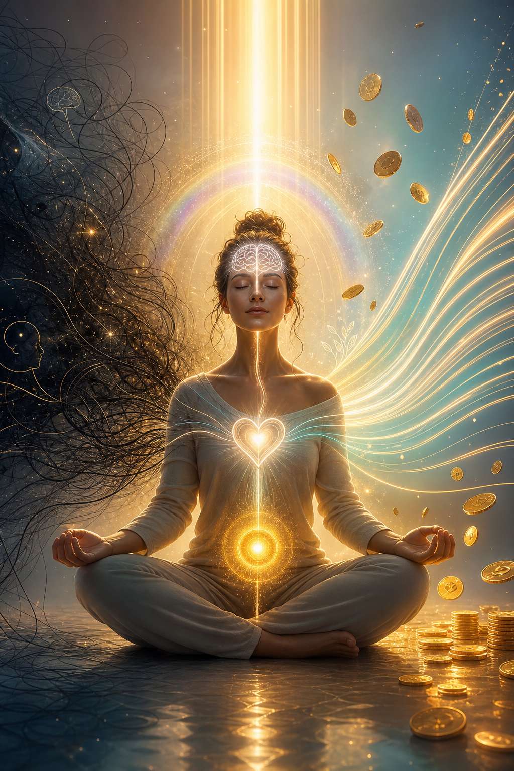 Woman meditating with glowing energy, a brain and heart symbol, and floating gold coins around her
