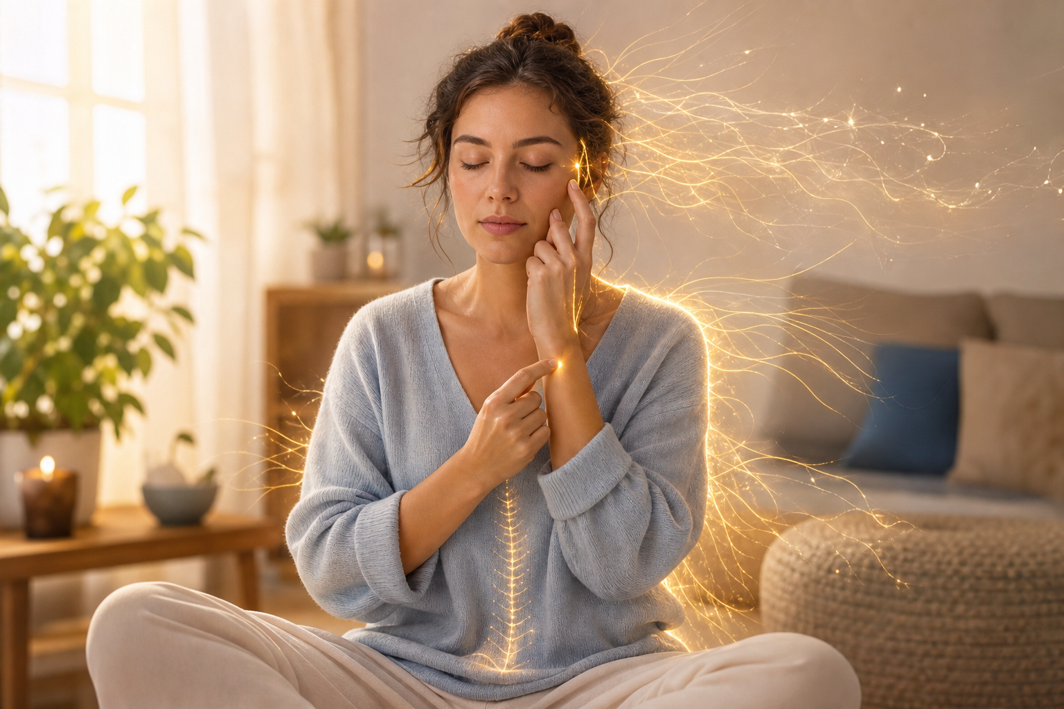 Woman meditating with glowing energy lines around her body in a calm living room