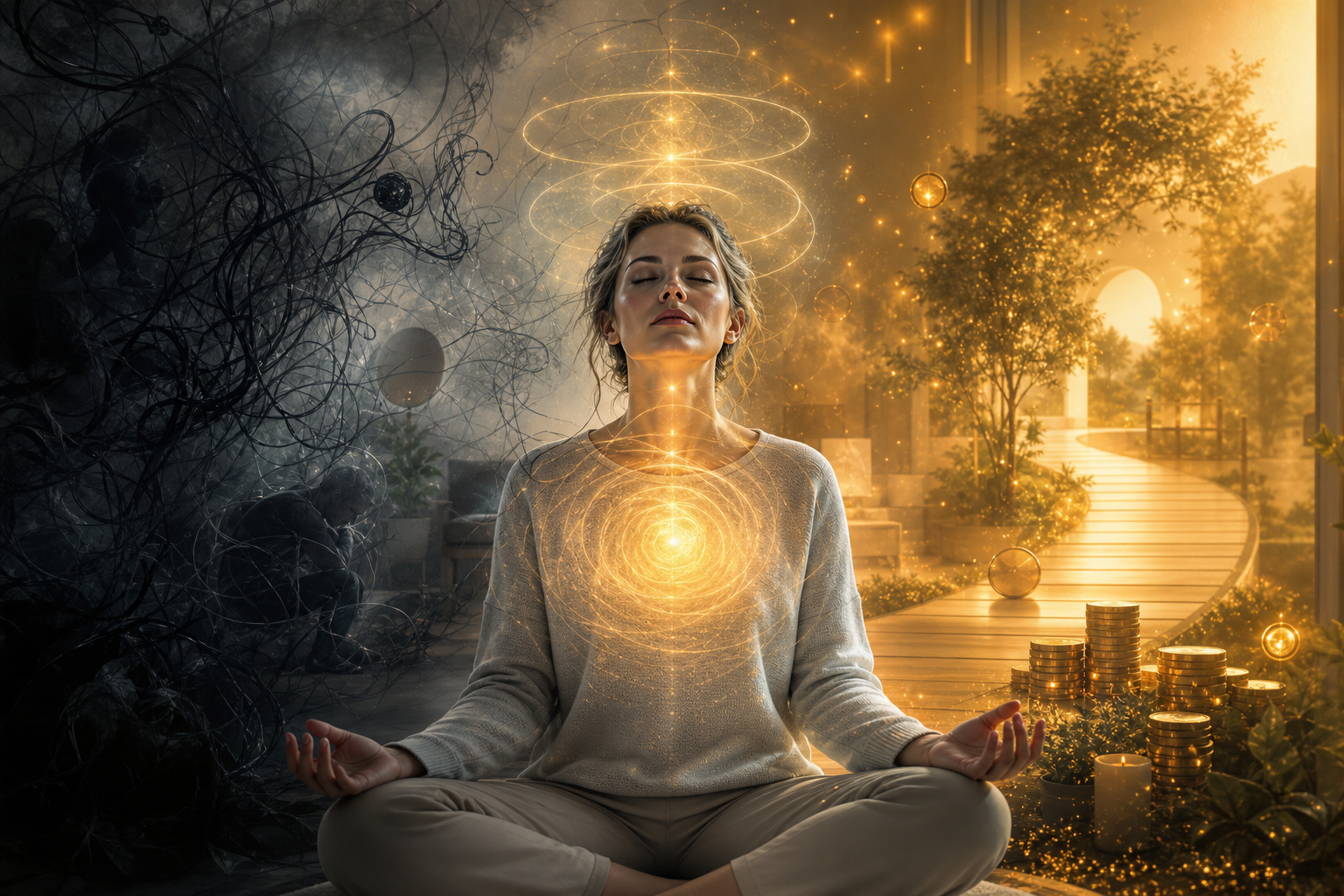 Woman meditating with glowing energy, split between darkness and a bright golden path with coins and plants