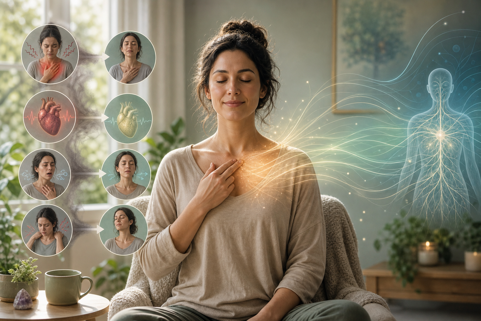 Woman meditating with hand on chest, with calming health and heart-rate illustrations around her
