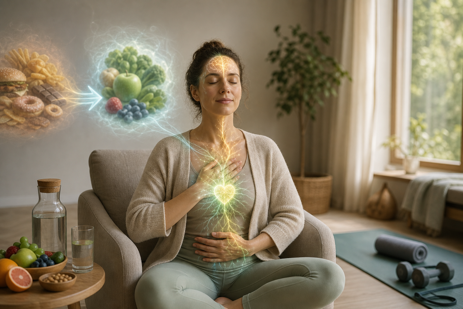 Woman meditating with hand on heart, visualizing a shift from junk food to healthy eating and inner balance