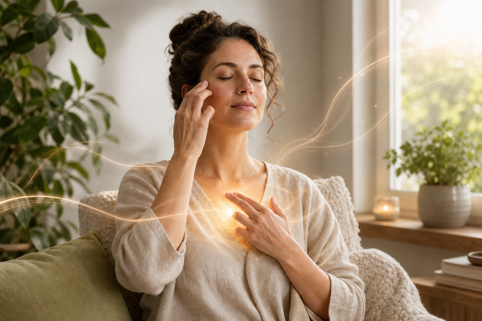 Woman meditating with hands on her face and chest in a sunlit room