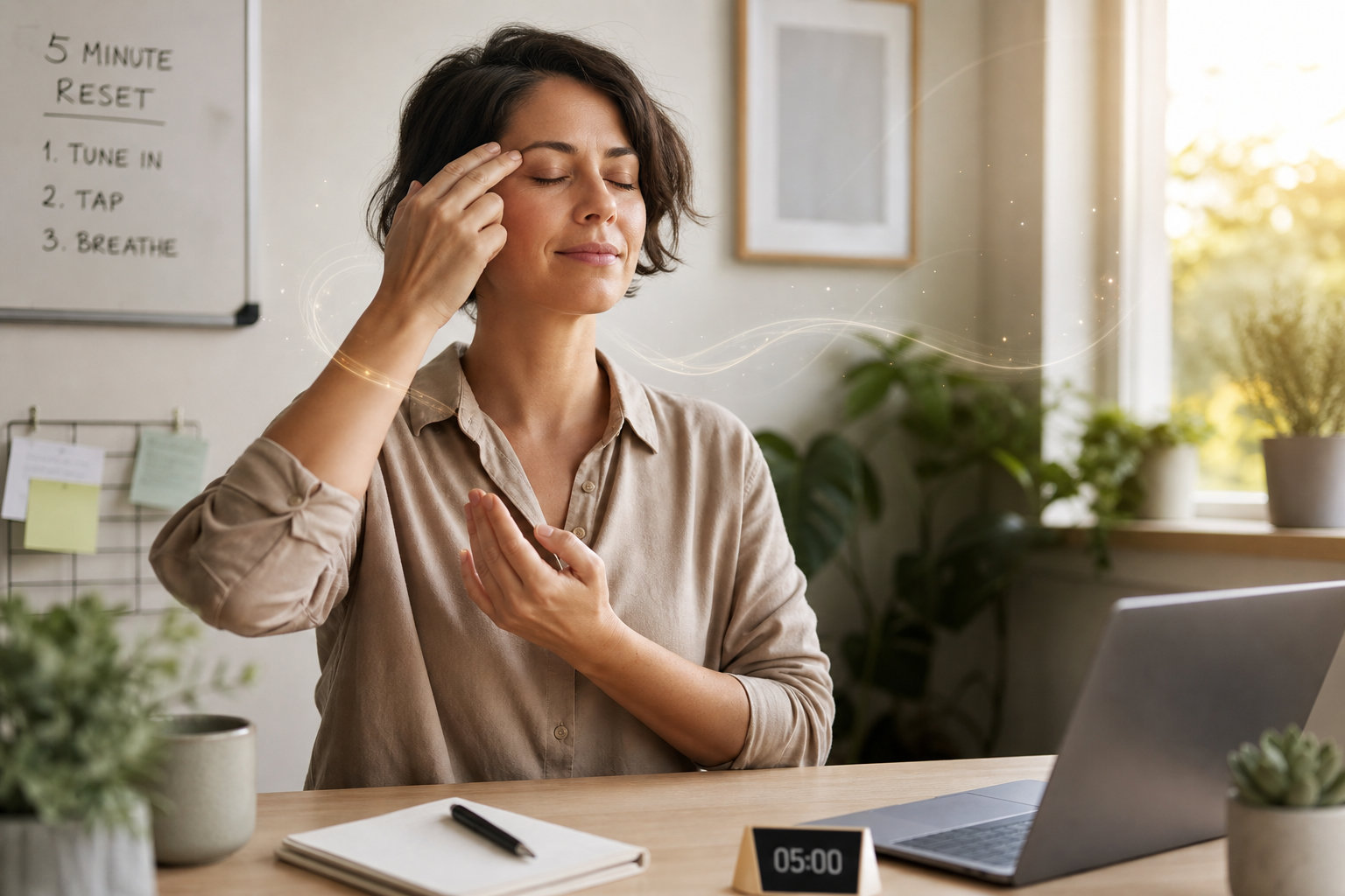 Woman practicing a 5-minute reset breathing exercise at her desk with a timer and laptop