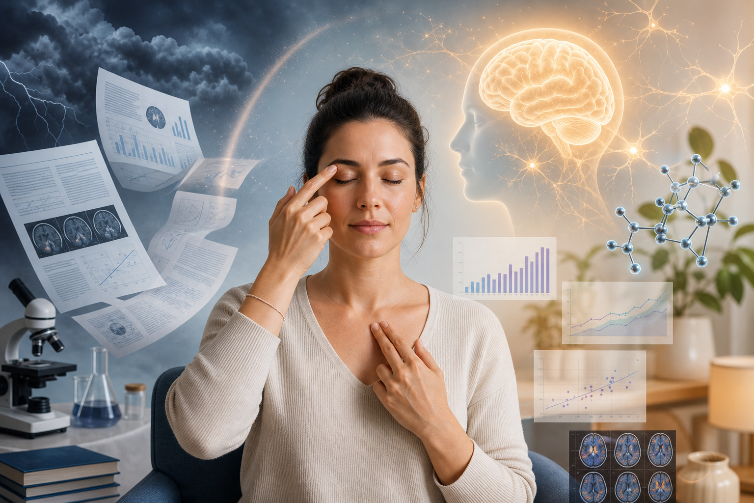 Woman practicing a calming breathing exercise, surrounded by neuroscience charts, brain imagery, and lab equipment