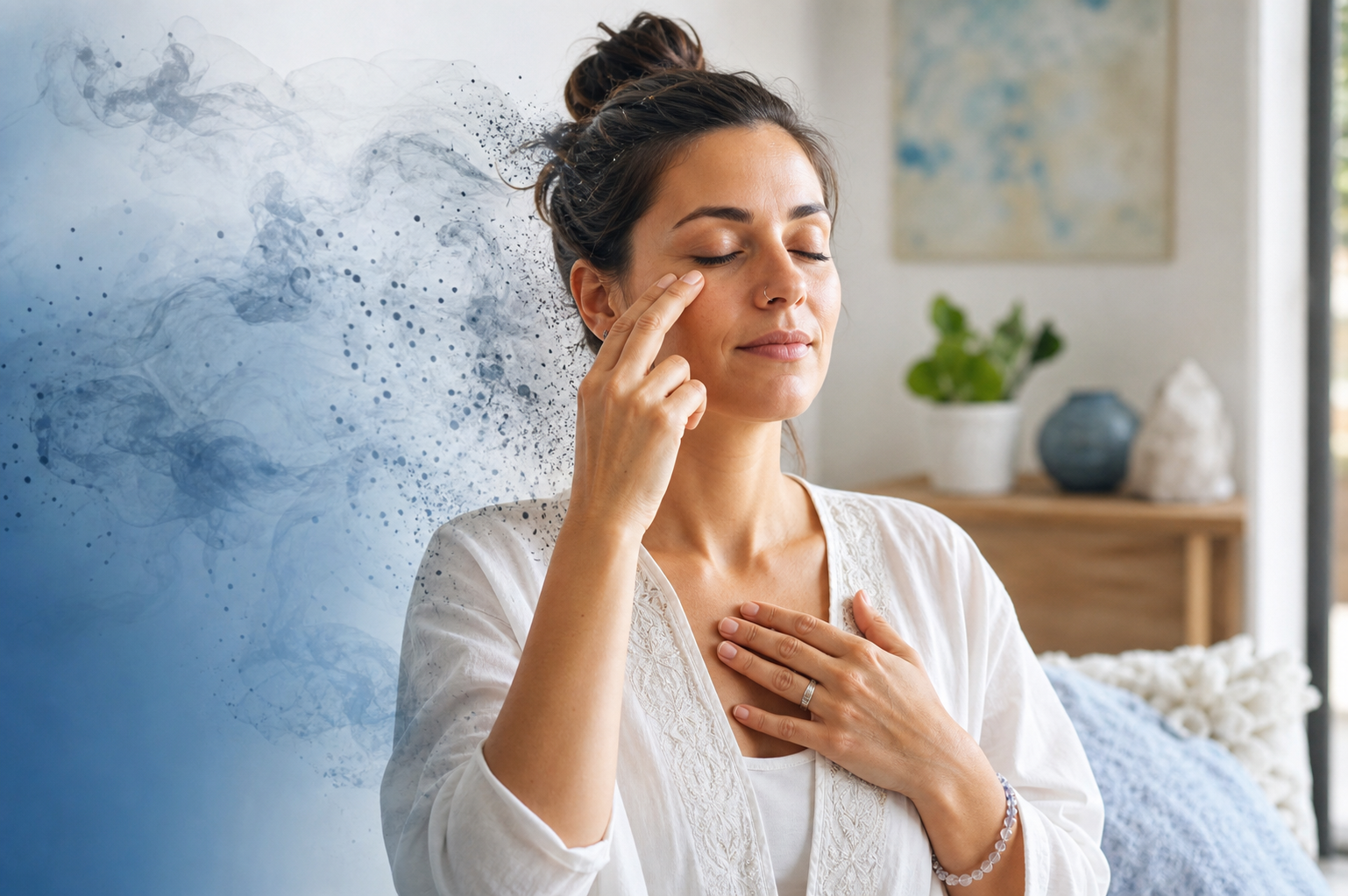 Woman practicing deep breathing with eyes closed and hand on chest