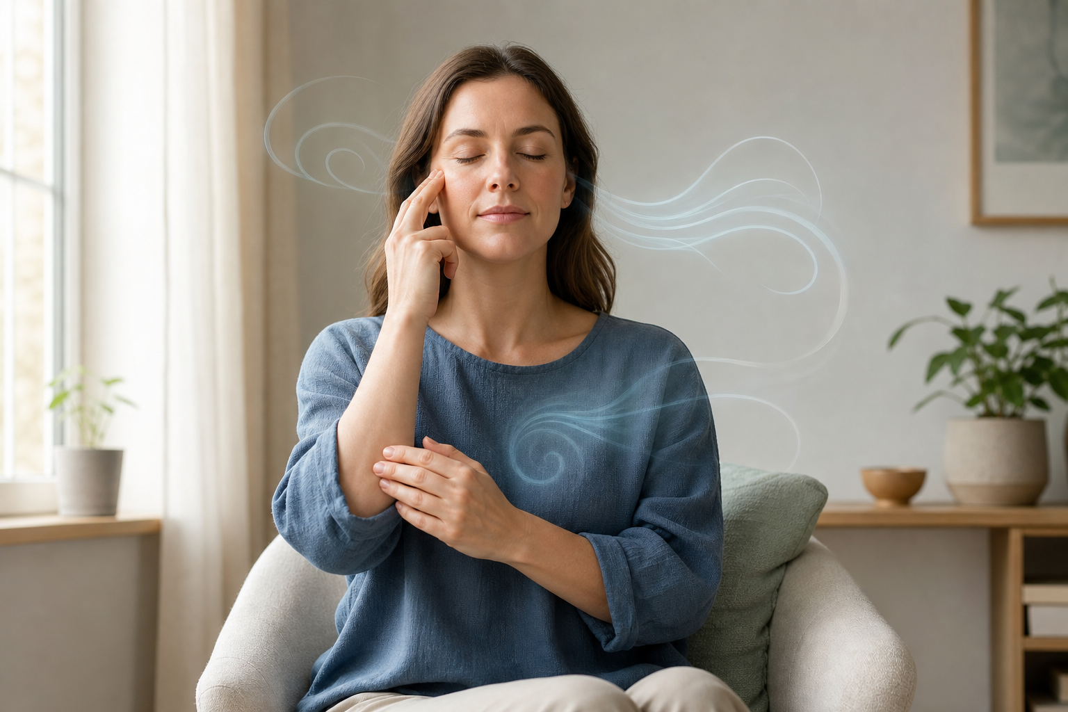 Woman practicing deep breathing with eyes closed, touching her face and arm in a calm room