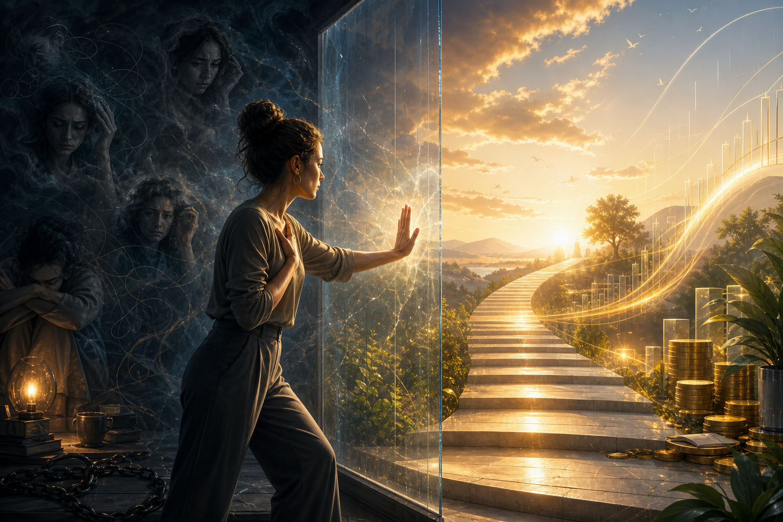 Woman pressing against a glass barrier between a dark, anxious room and a bright path toward a hopeful future