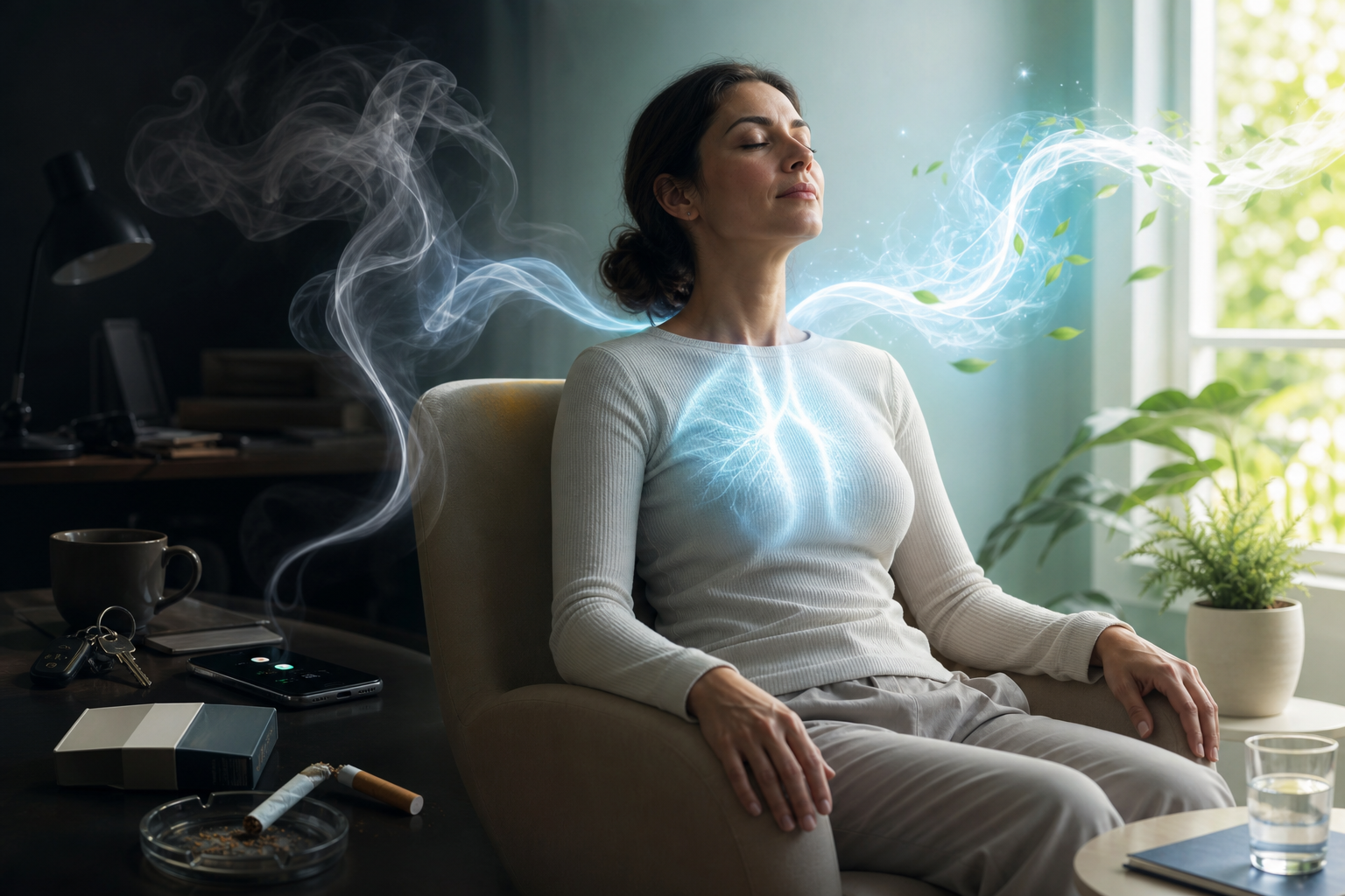 Woman sitting calmly in a chair, breathing deeply, with smoke fading away and fresh air/light around her