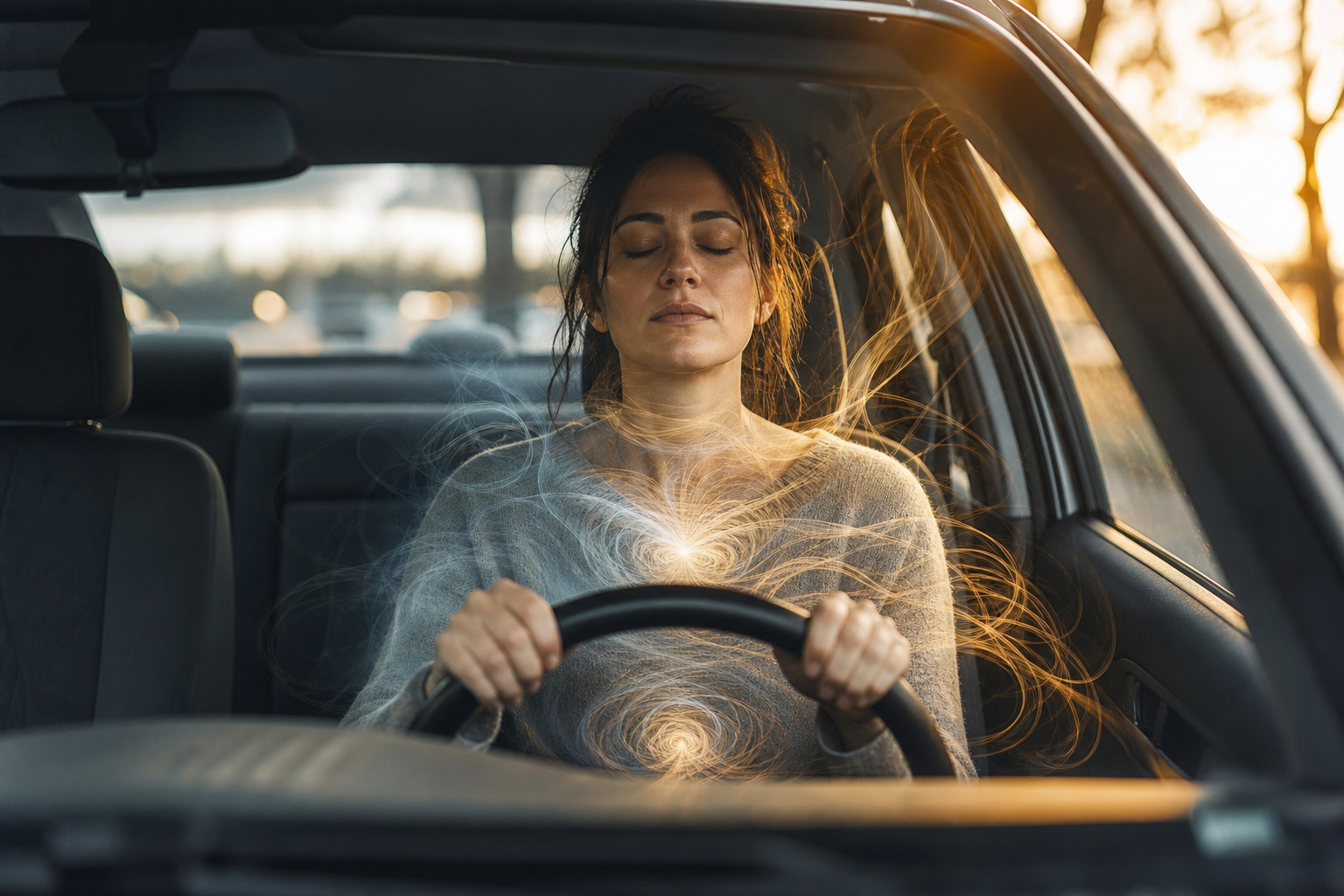 Woman sitting in a car with eyes closed, holding the steering wheel, surrounded by glowing energy swirls