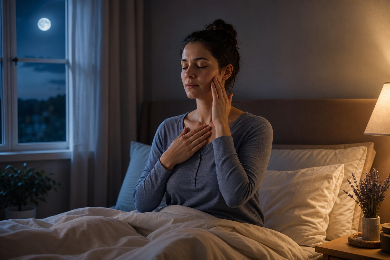Woman sitting in bed with eyes closed, touching her face and chest in a calm nighttime scene