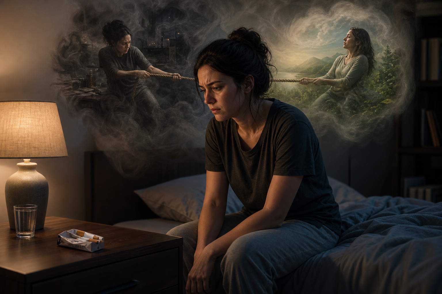 Woman sitting on a bed, lost in thought, with smoky scenes of a tug-of-war in her mind