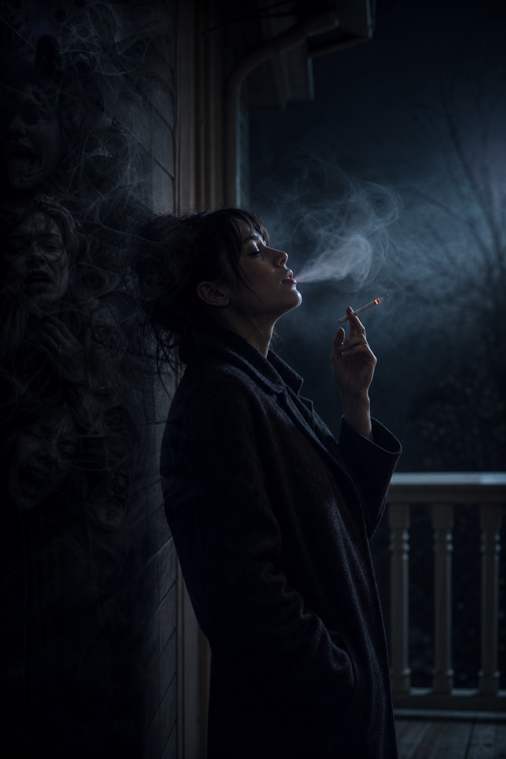 Woman smoking a cigarette in profile, exhaling smoke in a dark, eerie room with ghostly faces in the wall