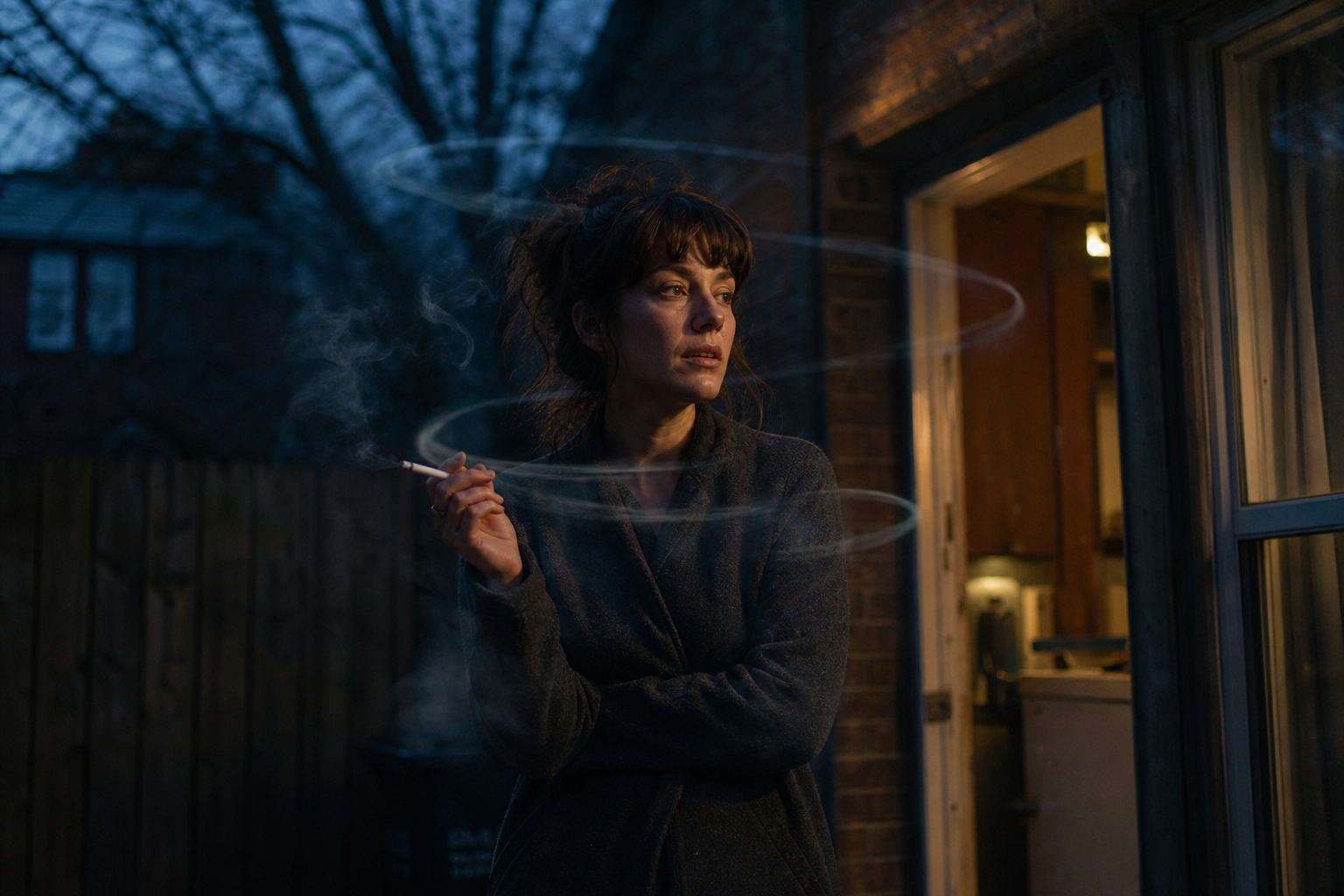 Woman smoking a cigarette on a porch at dusk