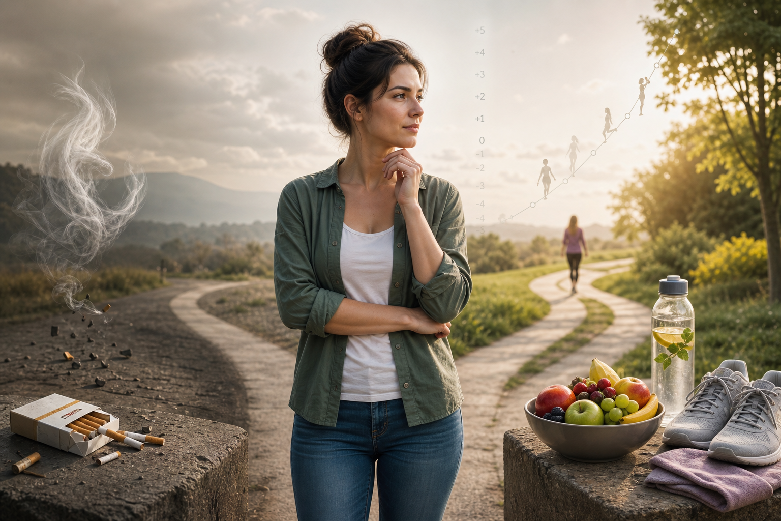 Woman standing at a fork in the road, choosing between smoking and a healthy lifestyle