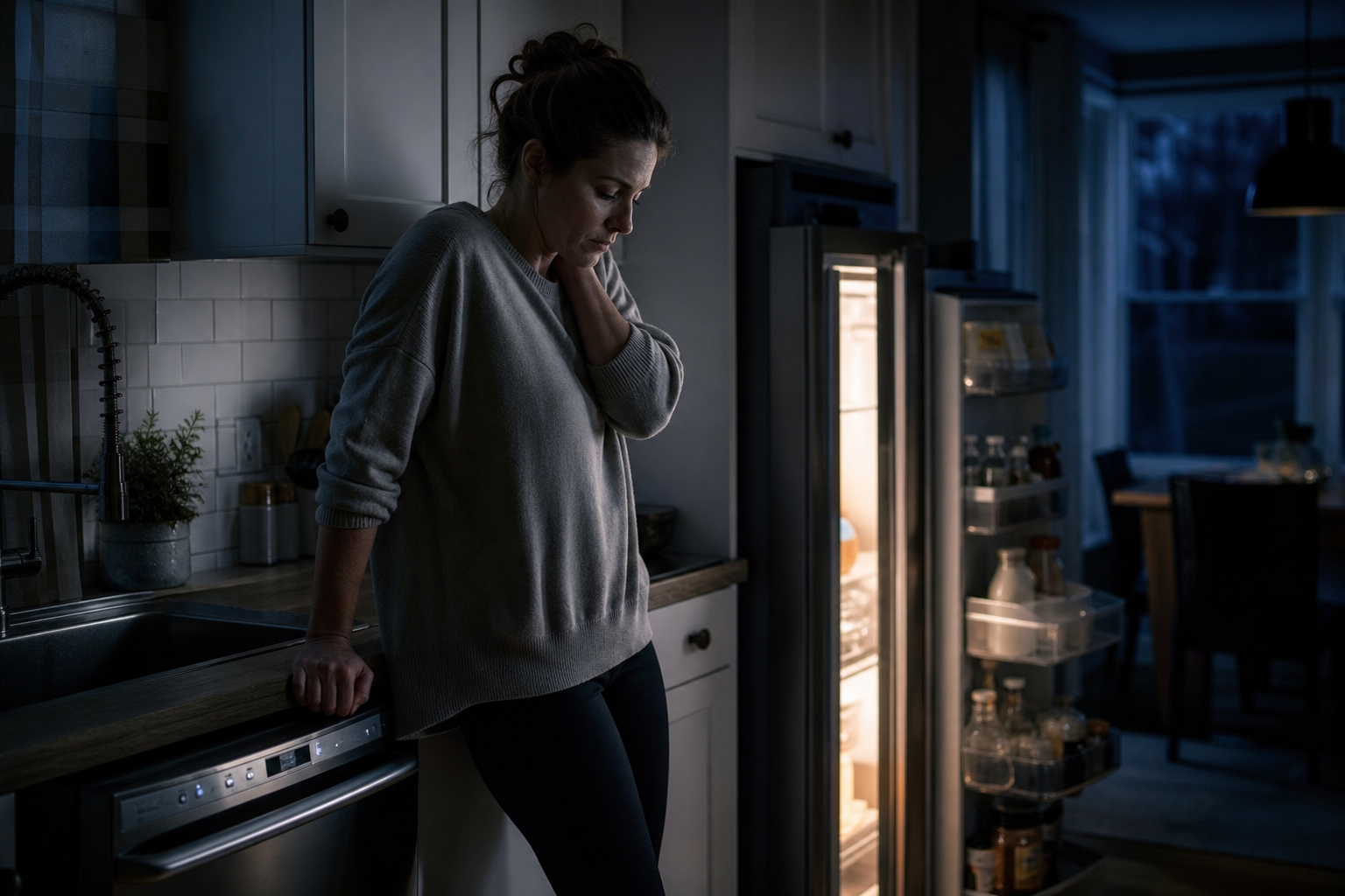 Woman standing in a dark kitchen, leaning on the counter and looking tired or unwell