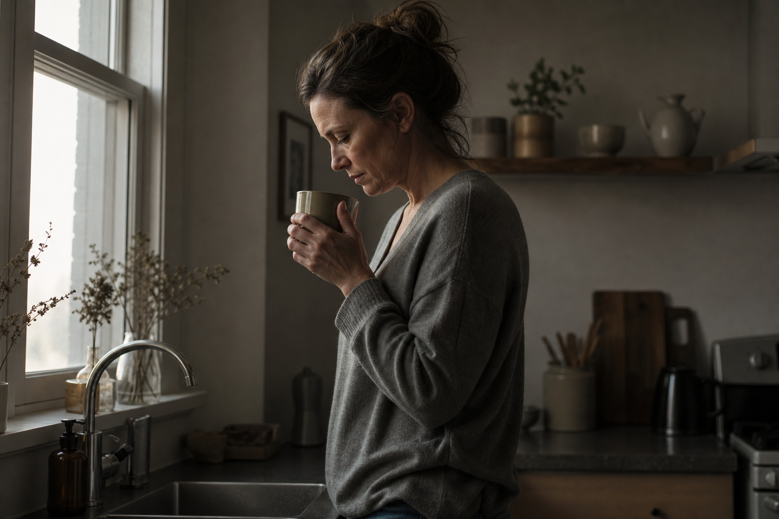 Woman standing in a kitchen, holding a cup and looking out the window