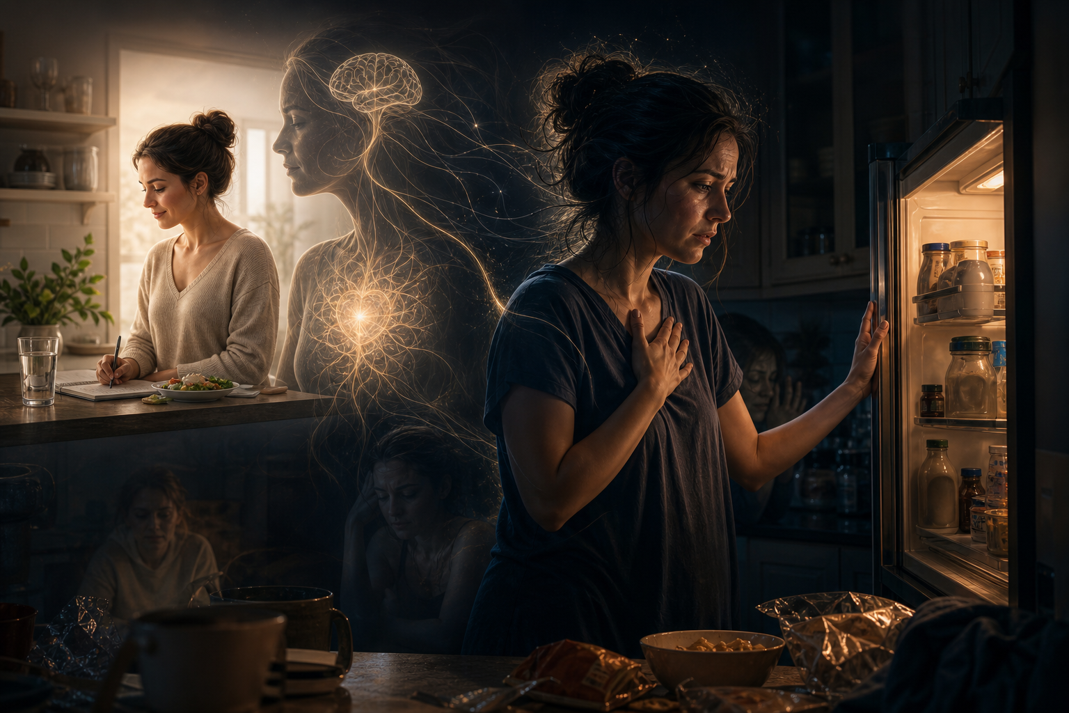 Woman struggling with food choices, shown with a glowing brain and heart to suggest a mental health and eating connection