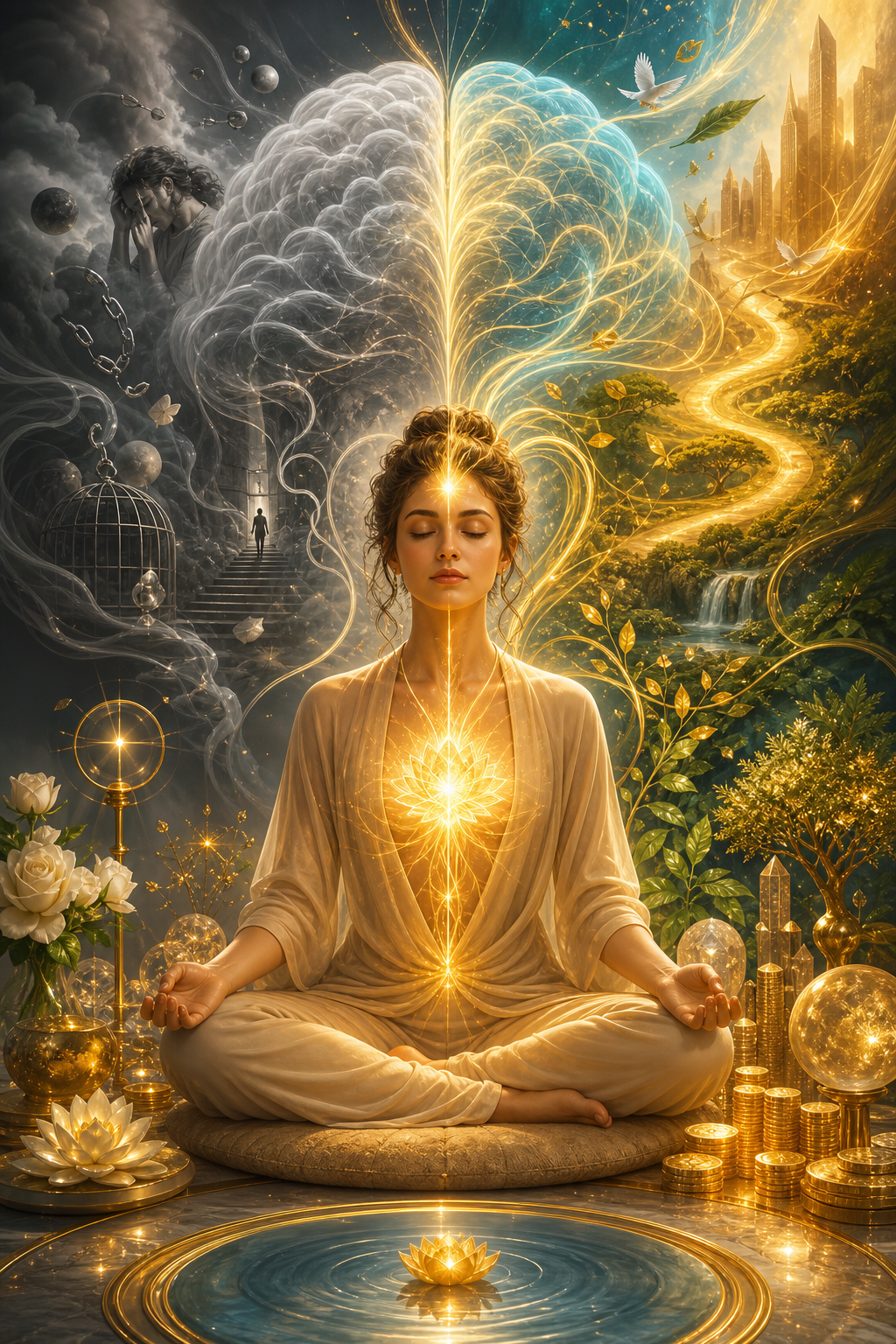 A meditating woman glows with golden energy, split between a dark troubled side and a bright peaceful landscape