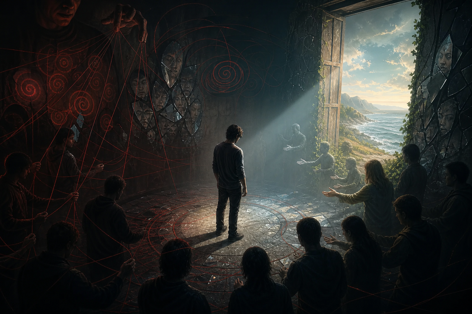 A person stands in a dark room while others reach toward a sunlit open doorway to the sea