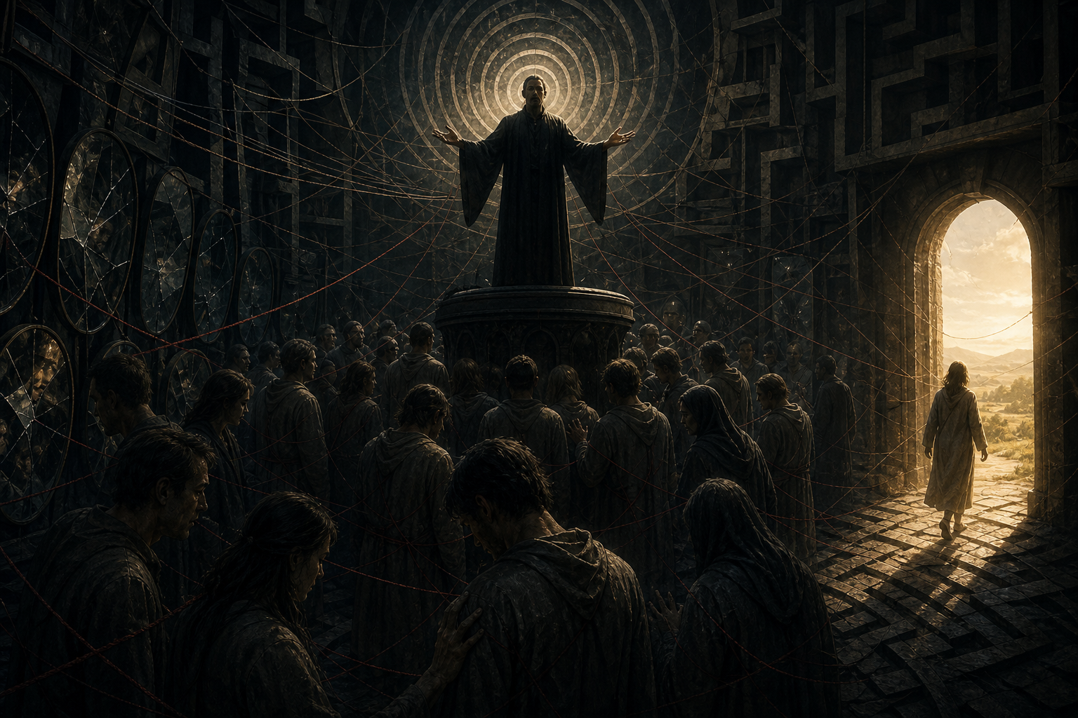 A robed figure stands on a pedestal before a crowd in a dark chamber, with one person walking toward a bright exit