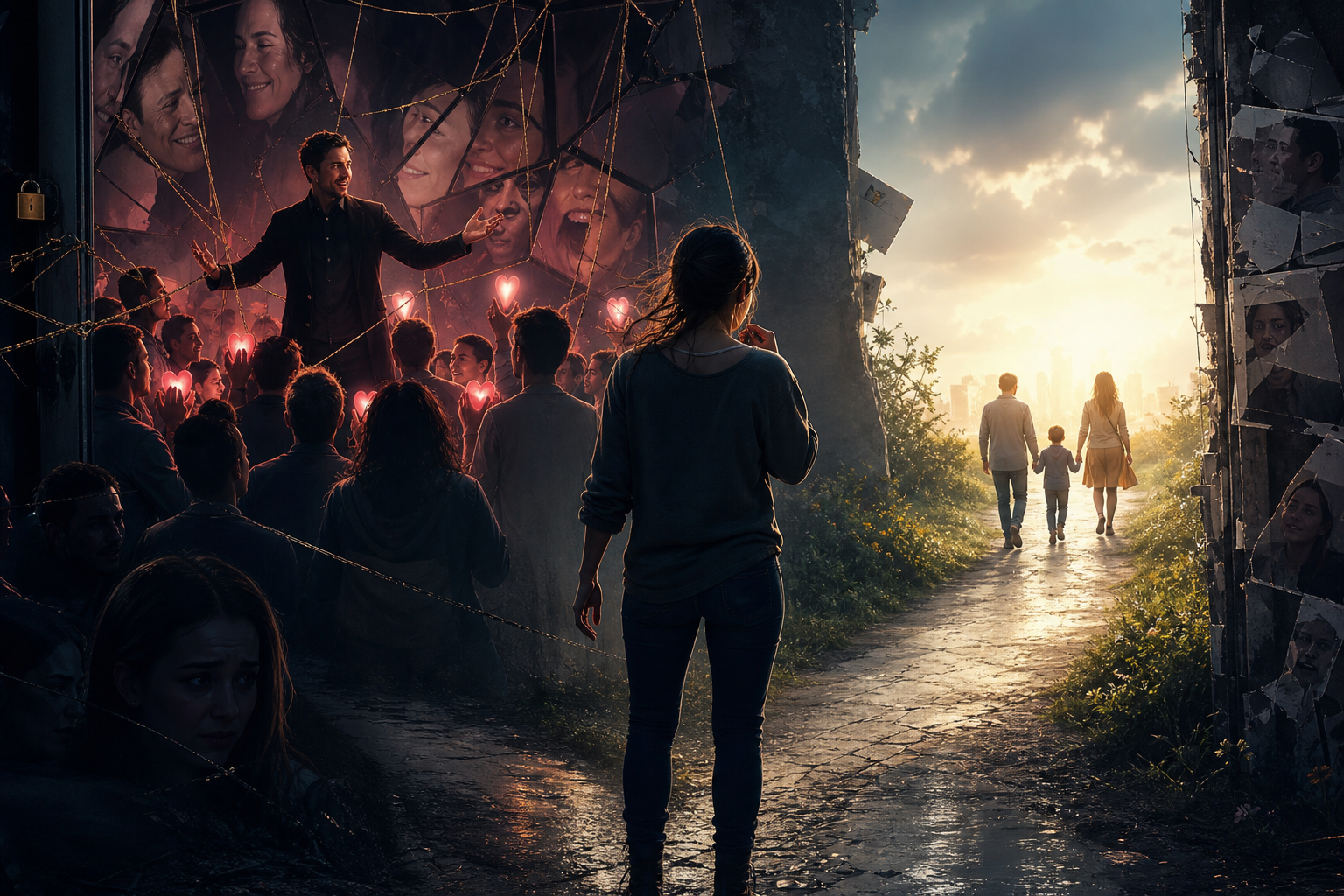 A woman stands at a crossroads between a dark crowd and a family walking toward a bright sunrise
