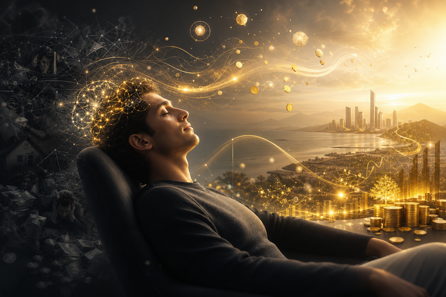Man relaxing as glowing coins and light streams lead toward a bright city skyline over the water