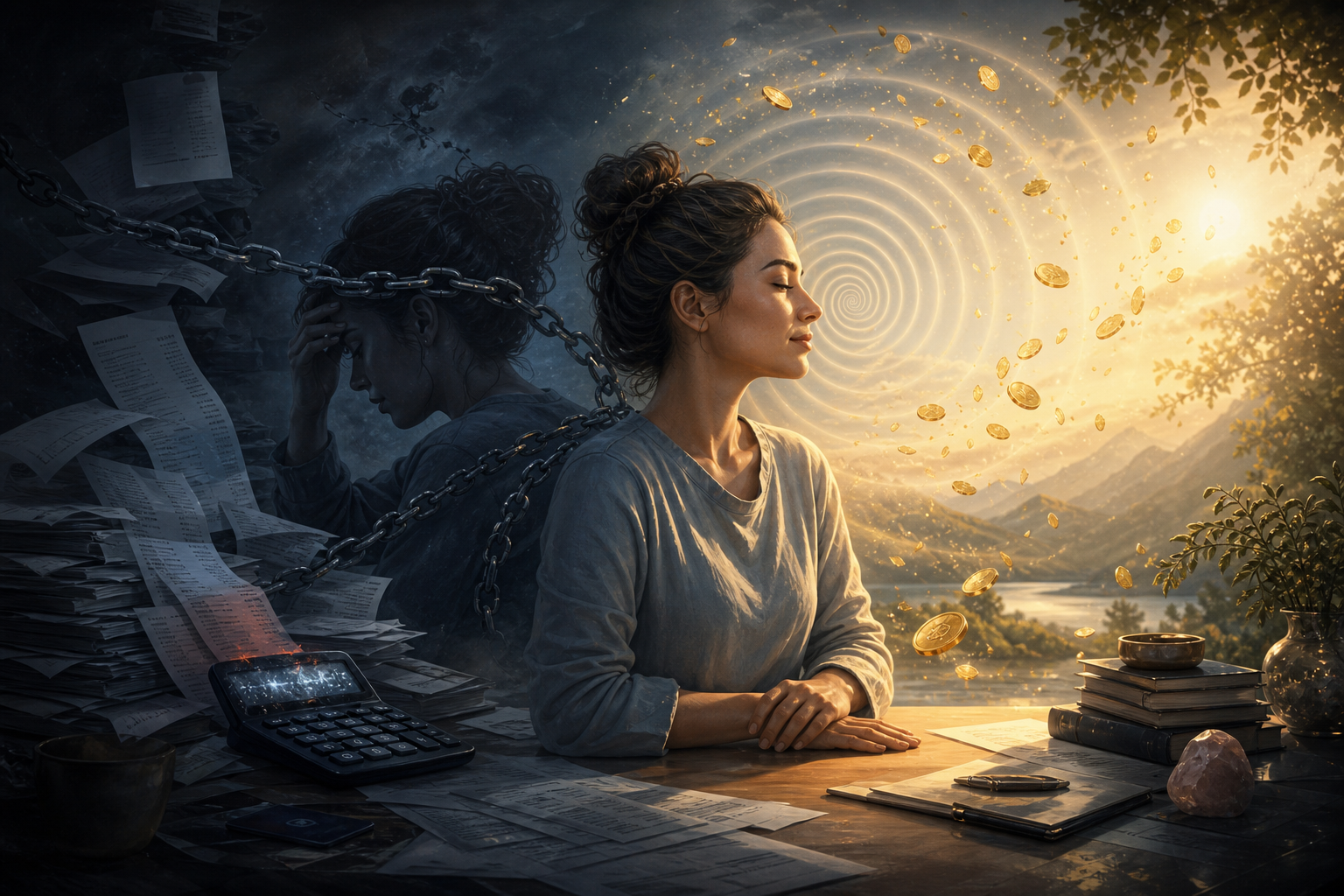 Woman at a desk with papers and a calculator, facing a bright spiral of floating coins and a dark chained reflection behind her