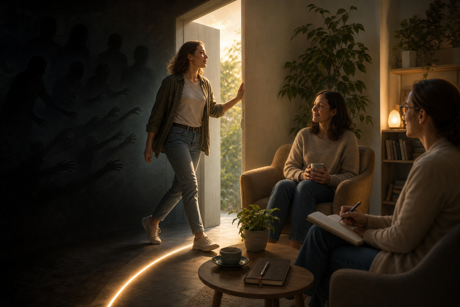 Woman entering a counseling room while two women sit and talk, with shadowy figures fading on the left wall