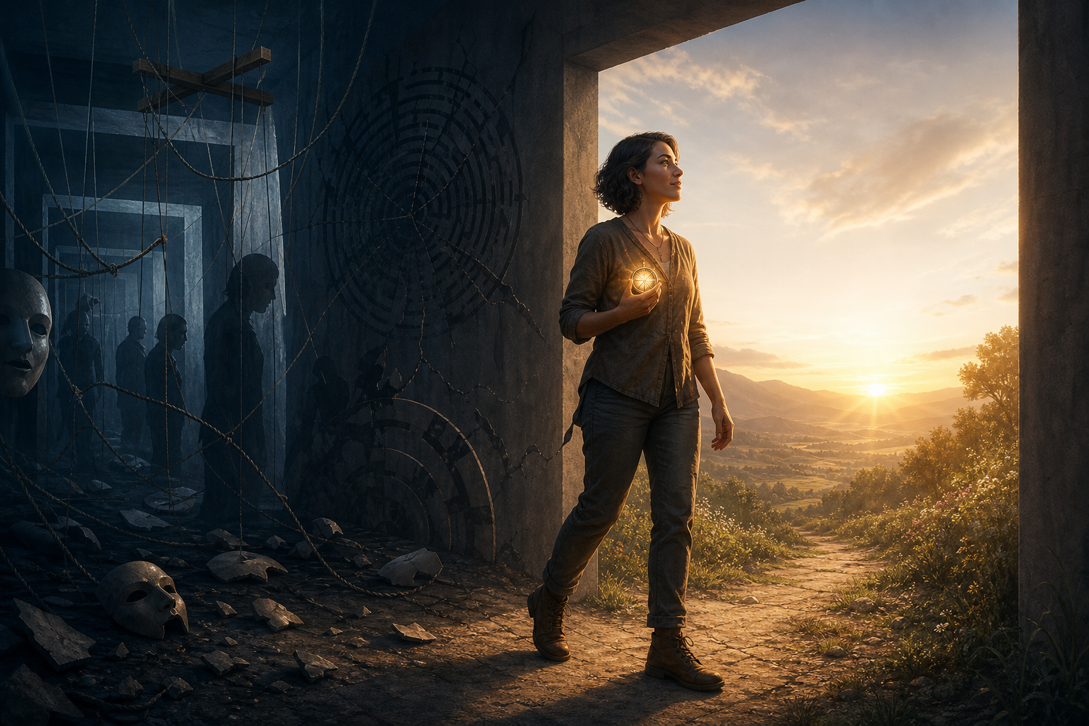 Woman holding a glowing orb stands at a doorway between a dark maze-like room and a sunlit landscape
