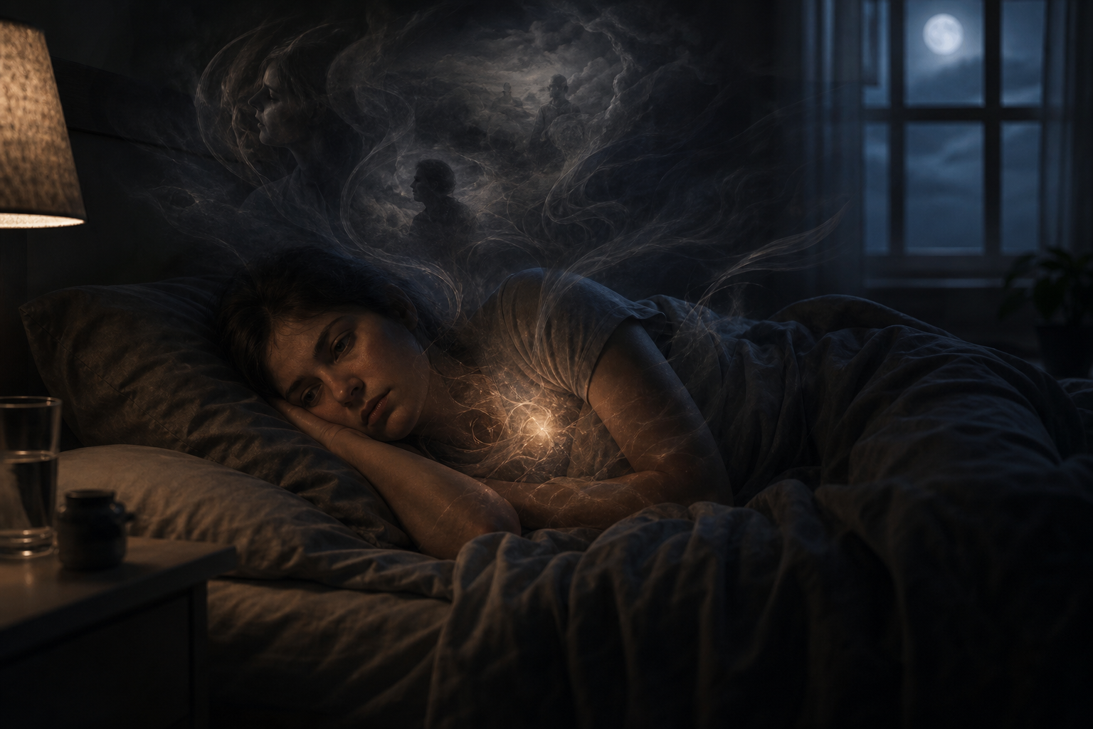 Woman lying awake in bed at night, surrounded by dreamlike smoke and shadowy figures