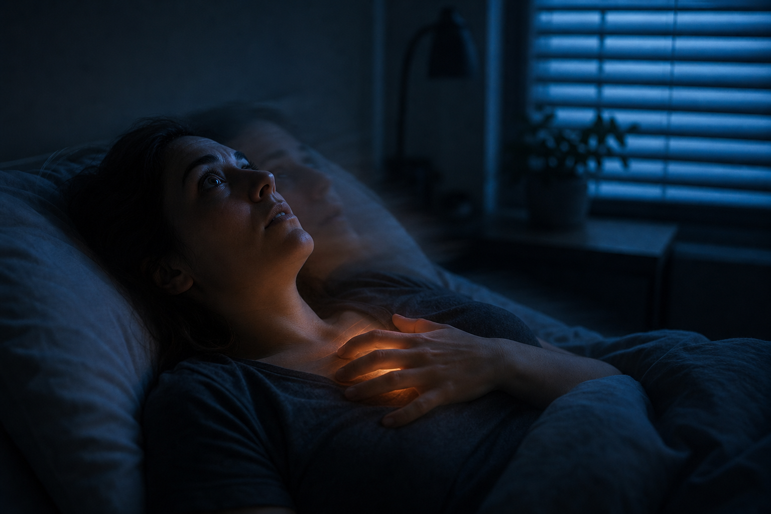 Woman lying in bed at night, clutching her chest and looking worried
