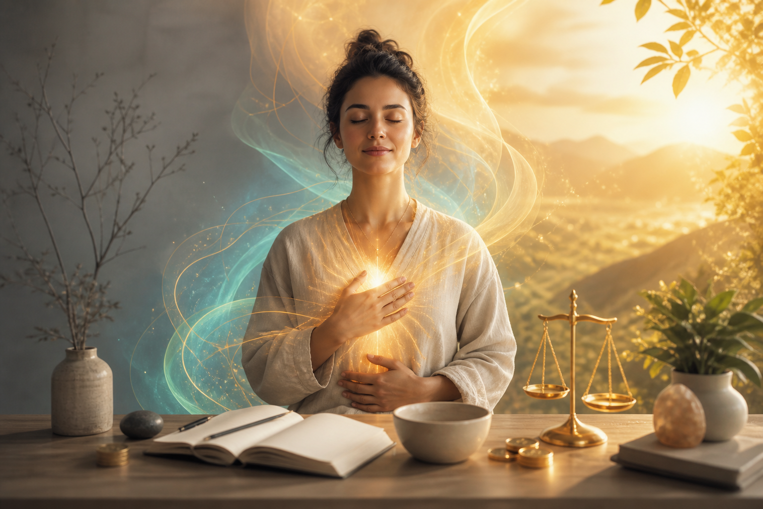 Woman meditating at a desk with a glowing heart, scales of justice, and an open notebook