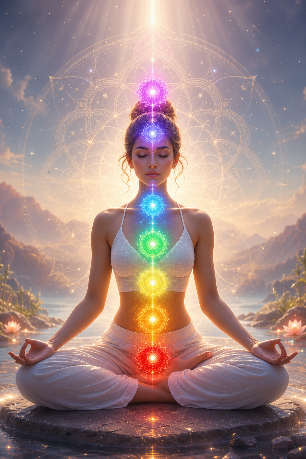 Woman meditating in lotus pose with glowing chakra symbols aligned down her body at a serene lakeside sunset