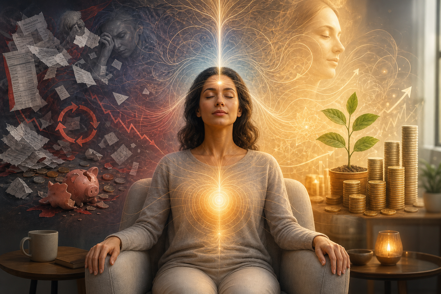 Woman meditating with glowing energy, contrasting financial stress on the left and growth and savings on the right