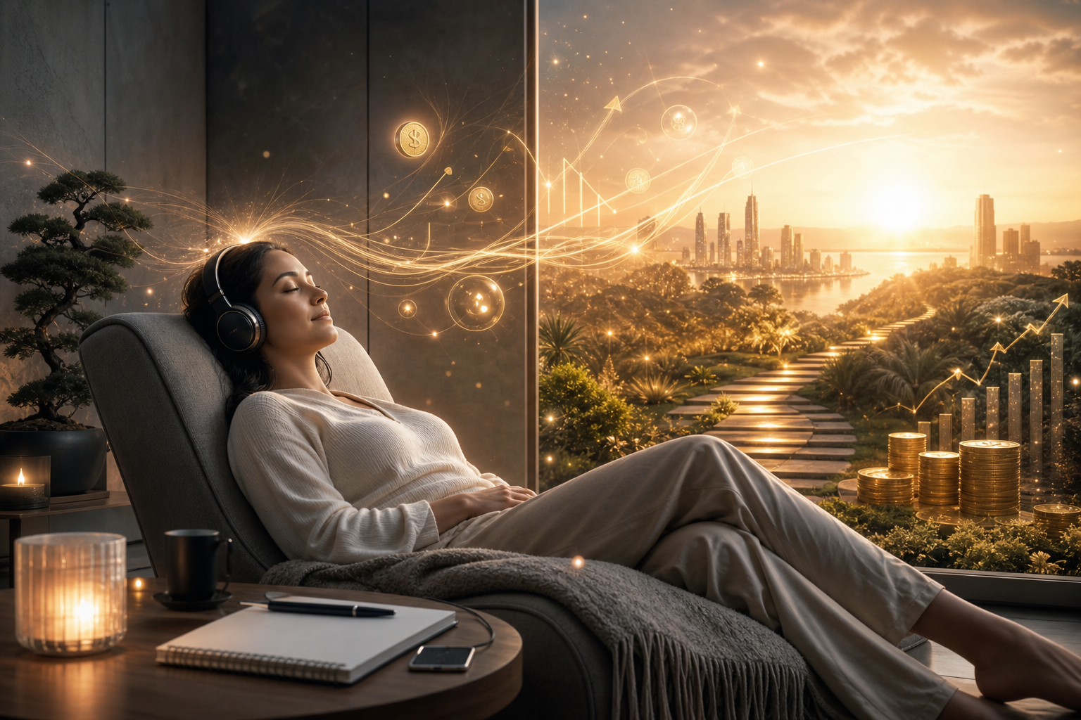 Woman relaxing in a chair with headphones, overlooking a glowing cityscape and rising financial growth graphics