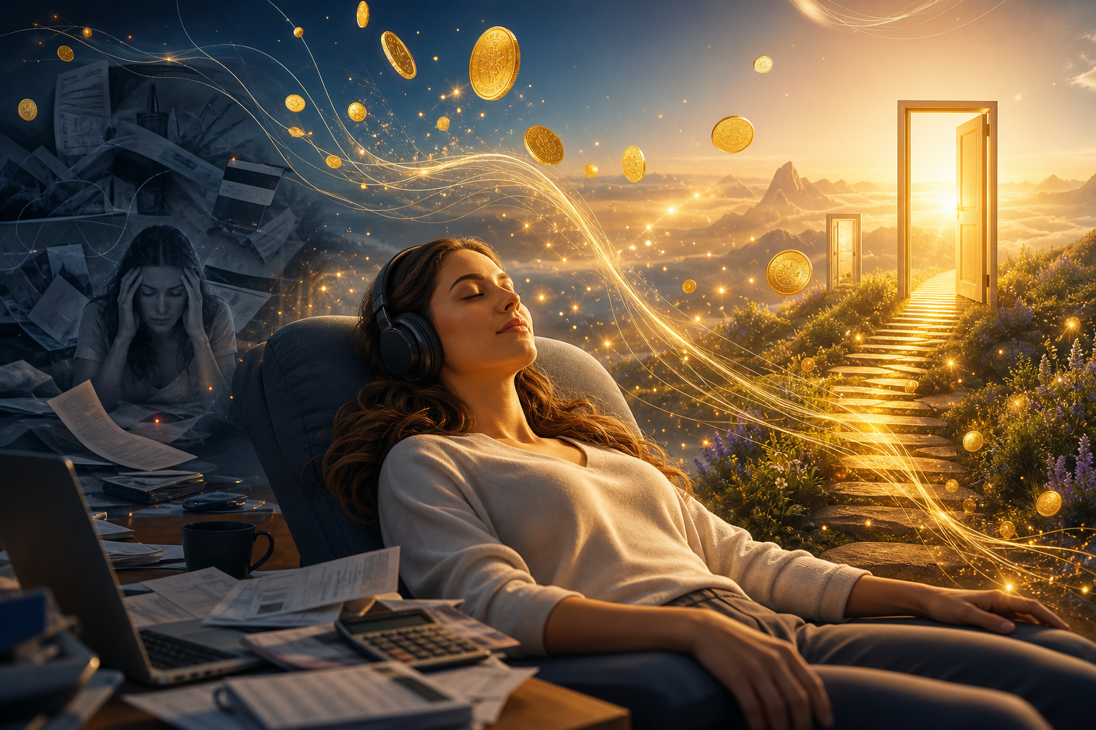 Woman relaxing with headphones as money and a path to a bright open door symbolize financial freedom and relief from stress