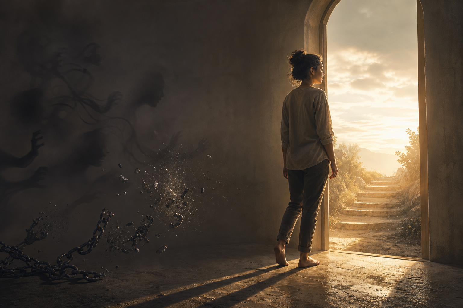 Woman standing in a doorway, looking out toward a sunlit path as chains and shadows break apart behind her