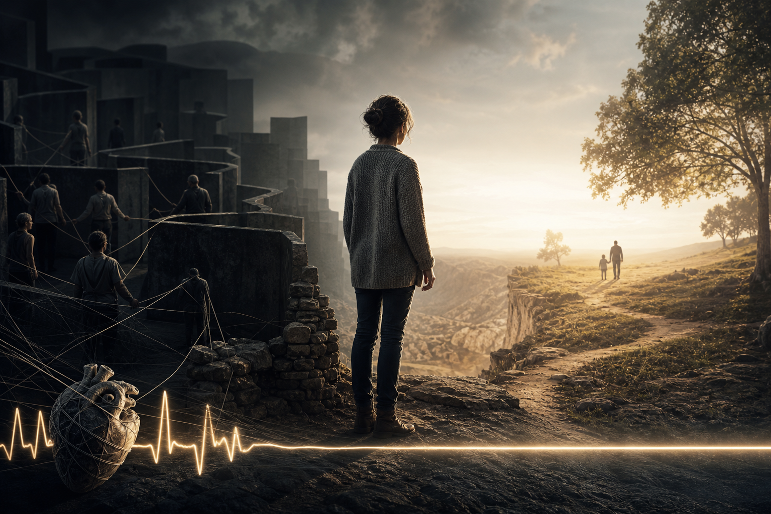 Woman stands at the edge of a divide between a dark, crowded city and a bright open landscape, with a glowing heartbeat line and heart in the foreground