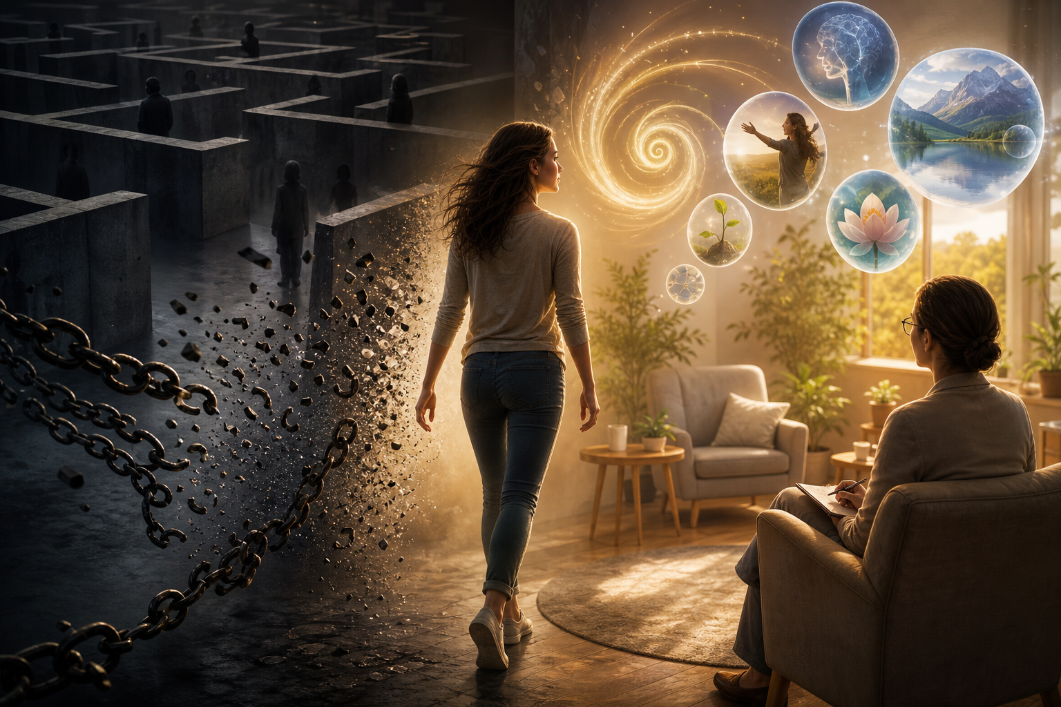 Woman leaving a dark controlling environment and entering a supportive cult recovery treatment setting